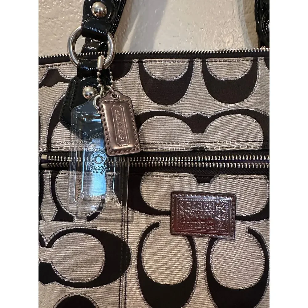COACH Poppy Metallic Lurex Glam Signature Black n Grey Canvas Tote Shoulder Bag